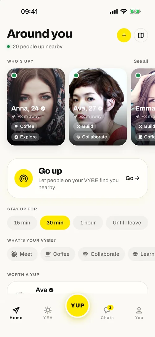 WiZMe home screen: Around you, 20 people up nearby, a Go up button, and a What's your VYBE picker.