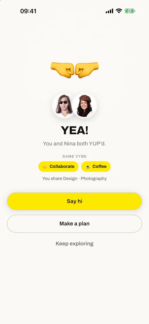 WiZMe match screen: YEA! You both YUP'd, same VYBE Collaborate and Coffee, with Say hi and Make a plan buttons.