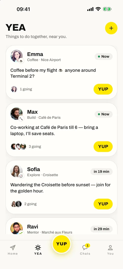 WiZMe YEA tab: nearby plans like coffee before a flight and co-working at a café, each with a YUP button.